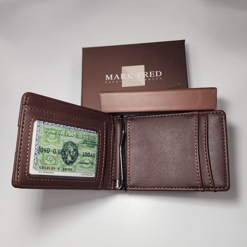 Mark Fred Men’s Bifold Wallet Brown Faux Leather With Metal Money Clip
